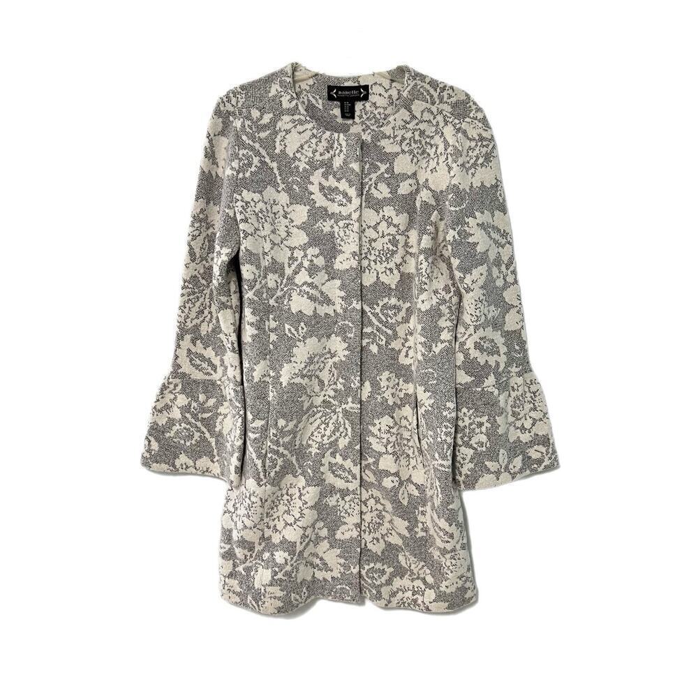 Nanette Lepore Dress Coat Women Medium Gray and White Boucle Floral Wool Blend